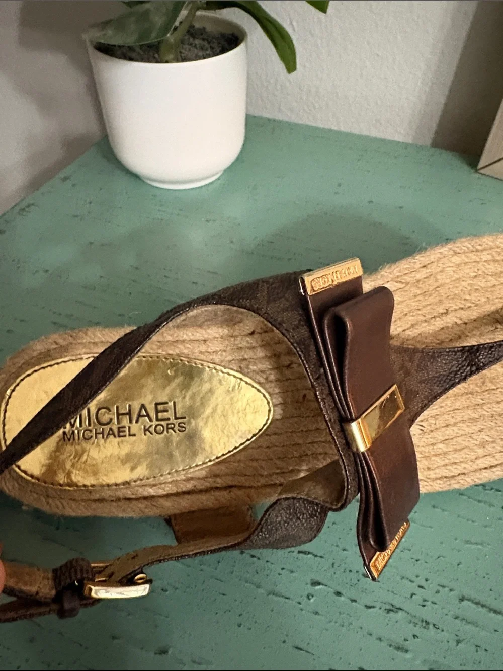 Michael Kors Brown and Gold Jute Thong Sandals